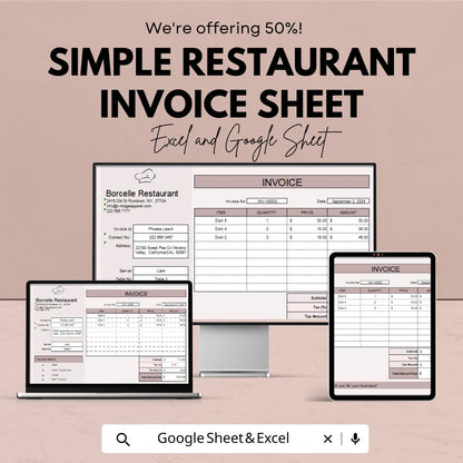 Simple Restaurant Invoice Sheet | Excel & Google Sheets | Customizable | Easy to Use | Professional Template
