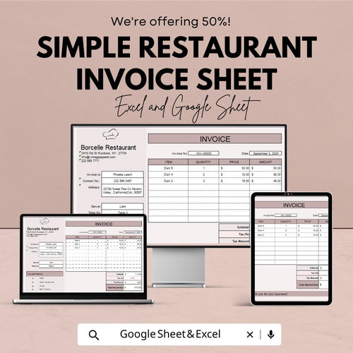 Simple Restaurant Invoice Sheet | Excel & Google Sheets | Customizable | Easy to Use | Professional Template