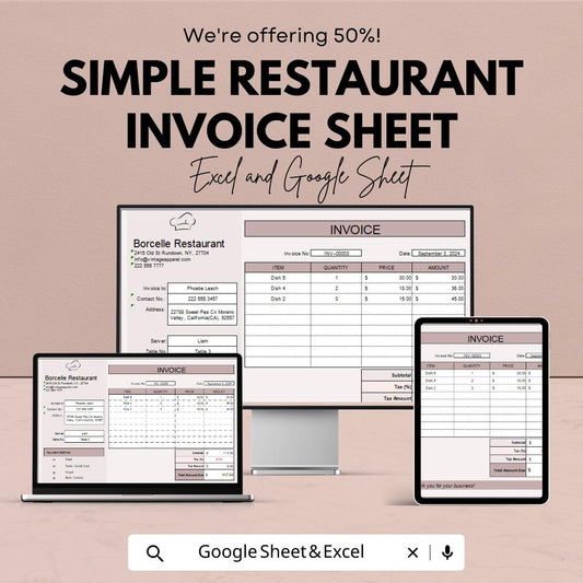 Simple Restaurant Invoice Sheet | Excel & Google Sheets | Customizable | Easy to Use | Professional Template