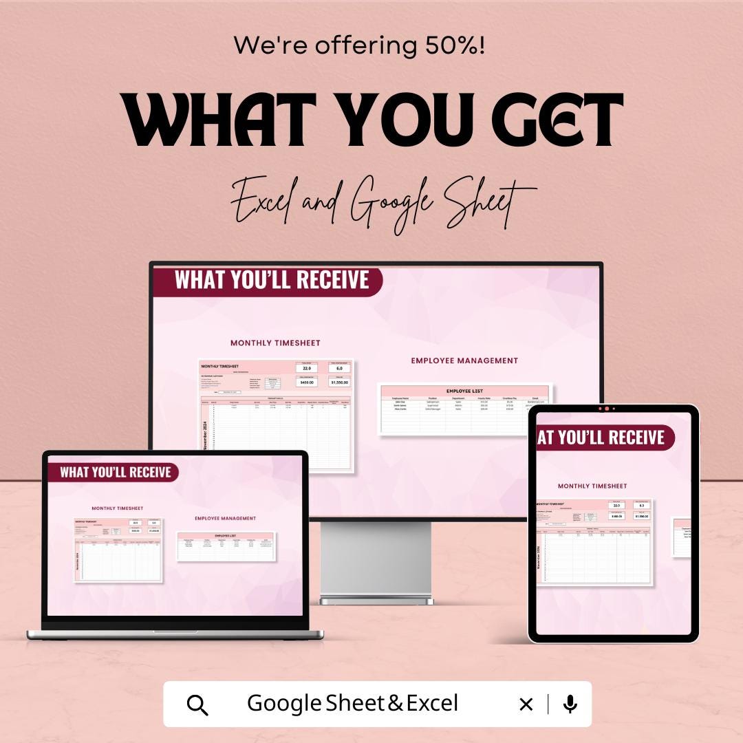 Monthly Timesheet Template - Excel and Google Sheets - Track Employee Hours & Payroll - Customizable Work Hours Sheet for Business