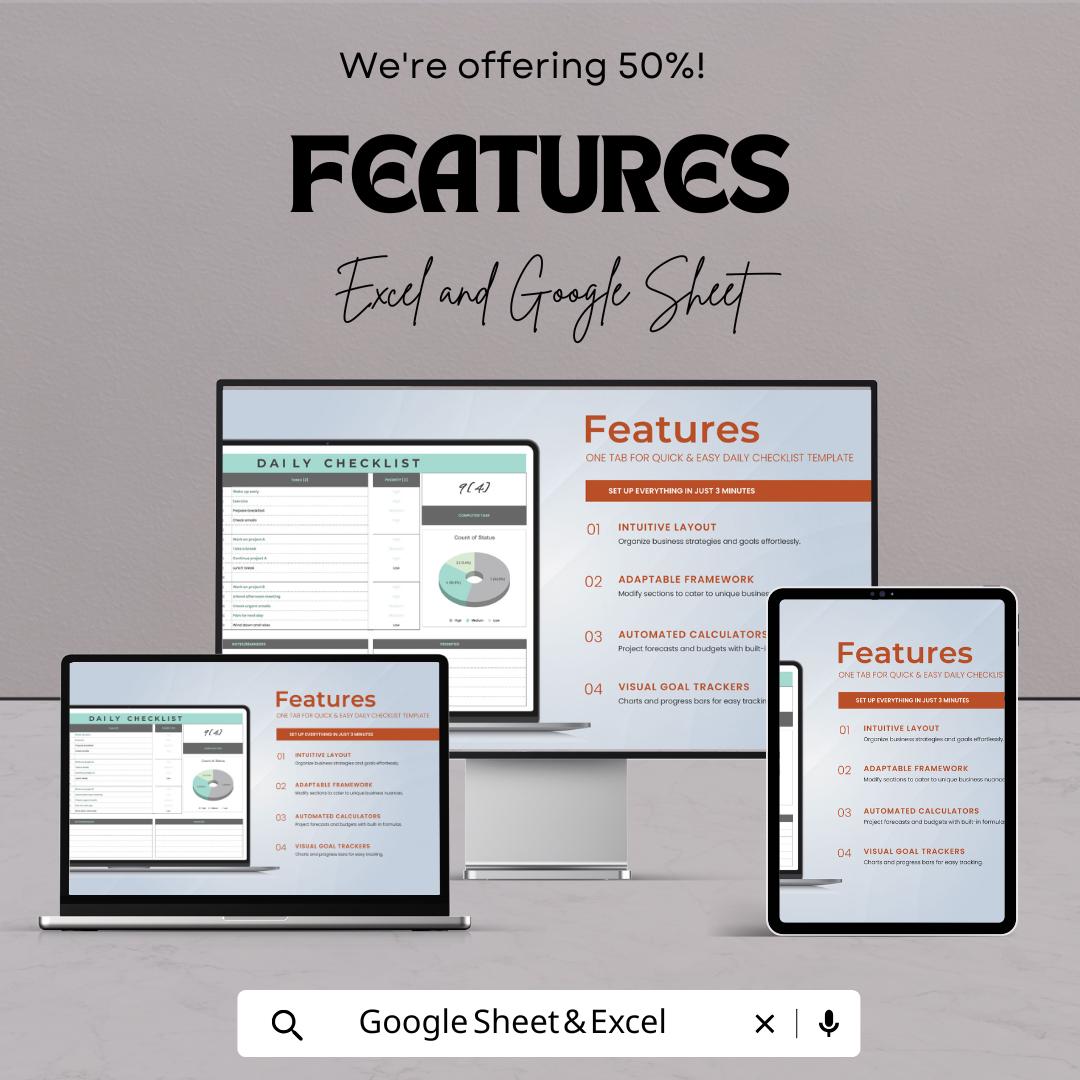 Daily Checklist Template - Excel & Google Sheet - Task Organizer, To-Do List, Goal Tracker