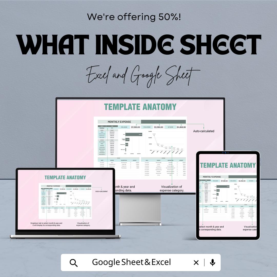 Monthly Expense Workbook Sheet – Excel & Google Sheets – Budget Planner for Tracking Expenses and Income – Personal Finance Spreadsheet