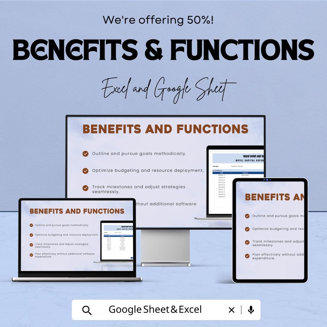 Hotel Capital Expenditure Budget Sheet – Excel and Google Sheets – Manage Hotel Investments & Expenses Efficiently – 50% OFF