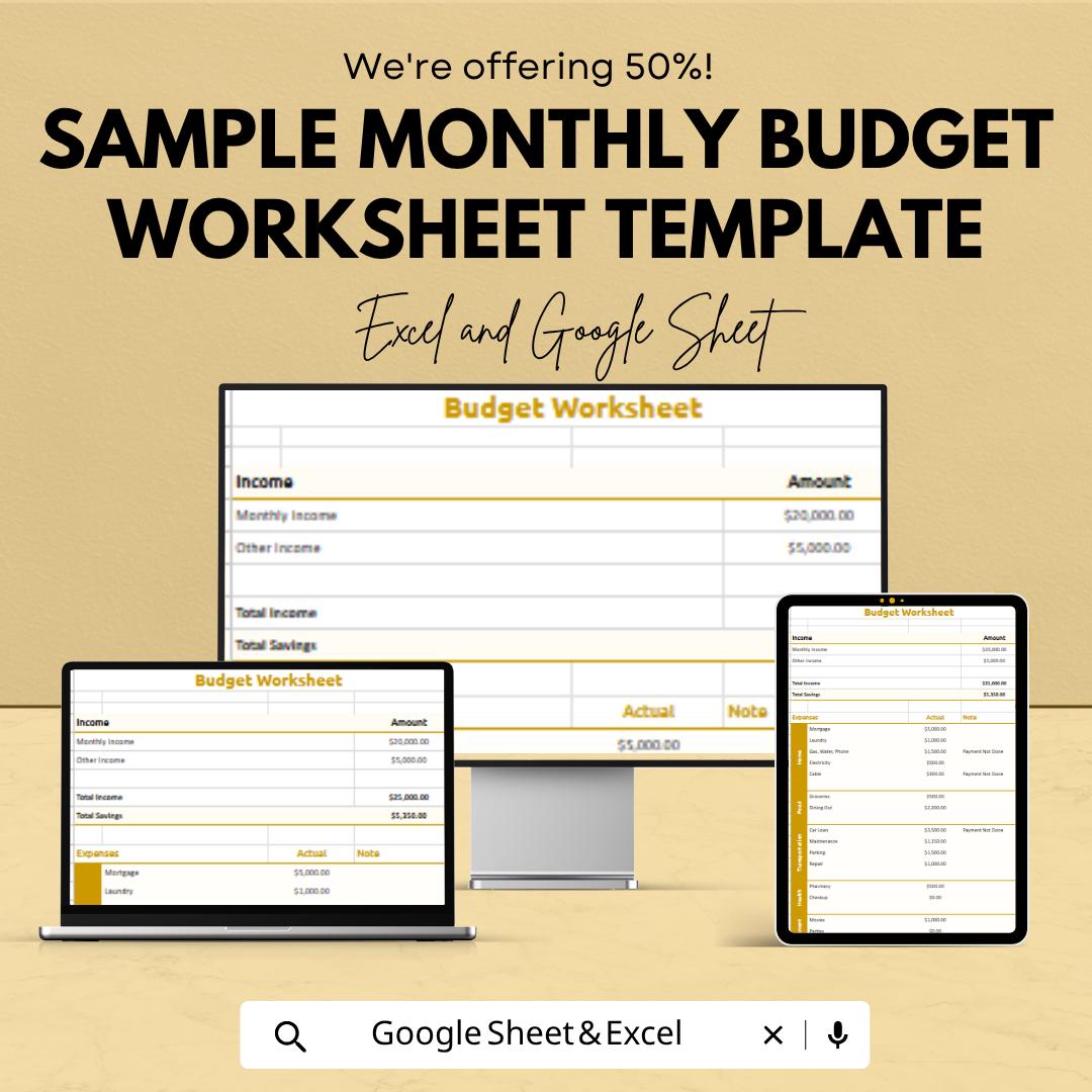 Monthly Budget Spreadsheet | Personal Finance Tracker | Expense & Income Planner | Budget Worksheet Template
