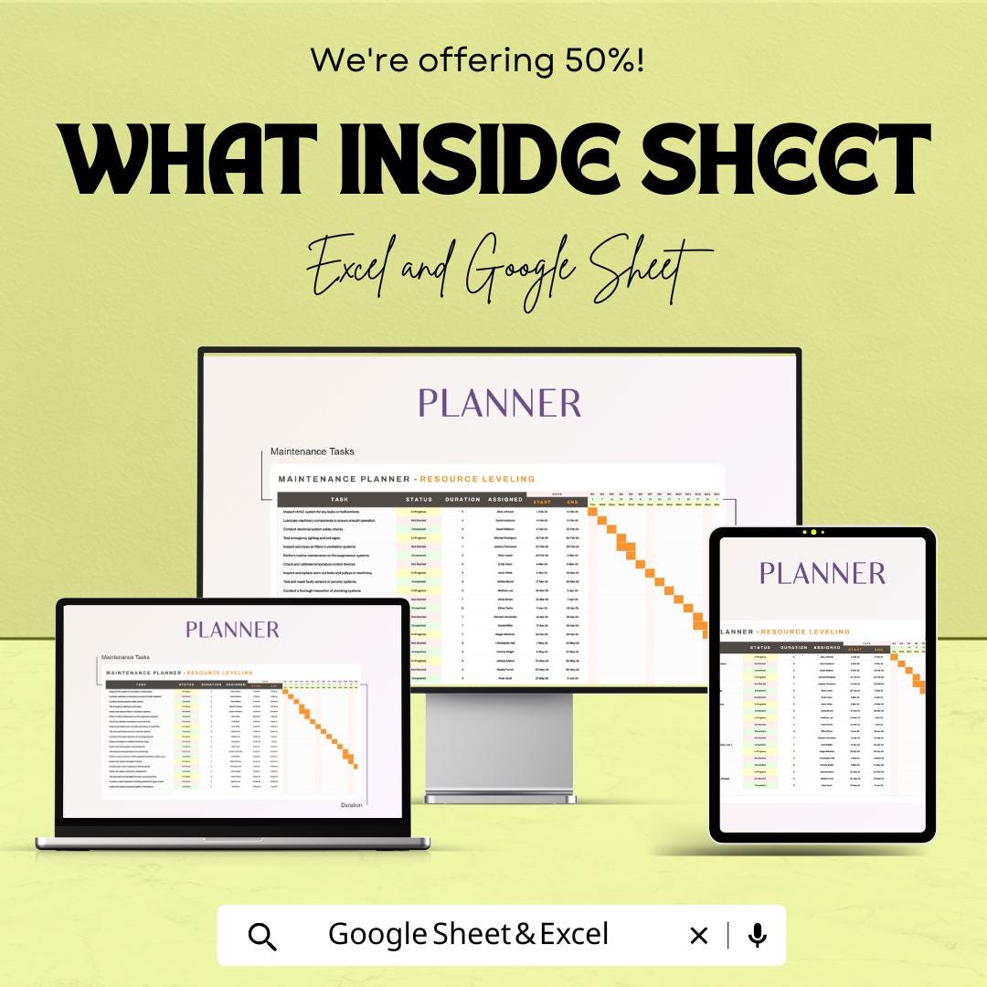 Maintenance Planner - Resource Sheet | Excel and Google Sheets | Task Management Tool for Efficient Scheduling & Resource Allocation