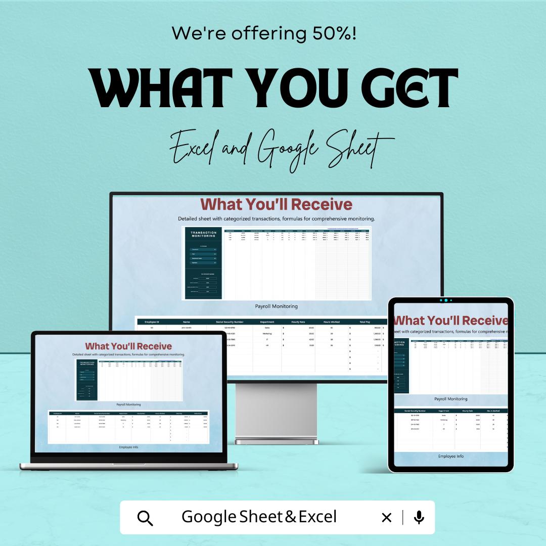 Payroll Accounting Transaction Monitoring Sheet | Payroll Transaction Tracker | Payroll Expense Log | Payroll Audit Tracking Sheet