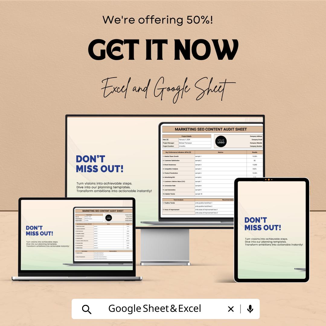 Marketing SEO Content Audit Sheet Template | SEO Audit Tracker | Google Sheets & Excel Template | Website Content Planner | Marketing KPI