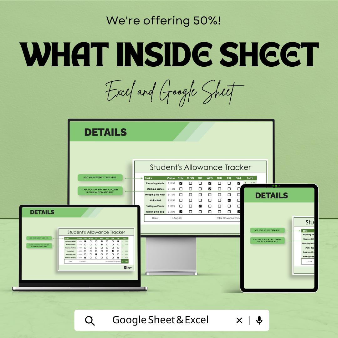 Students Allowance Tracker Template | Kids Chore Chart | Weekly Reward Tracker | Pocket Money Spreadsheet | Excel & Google Sheets