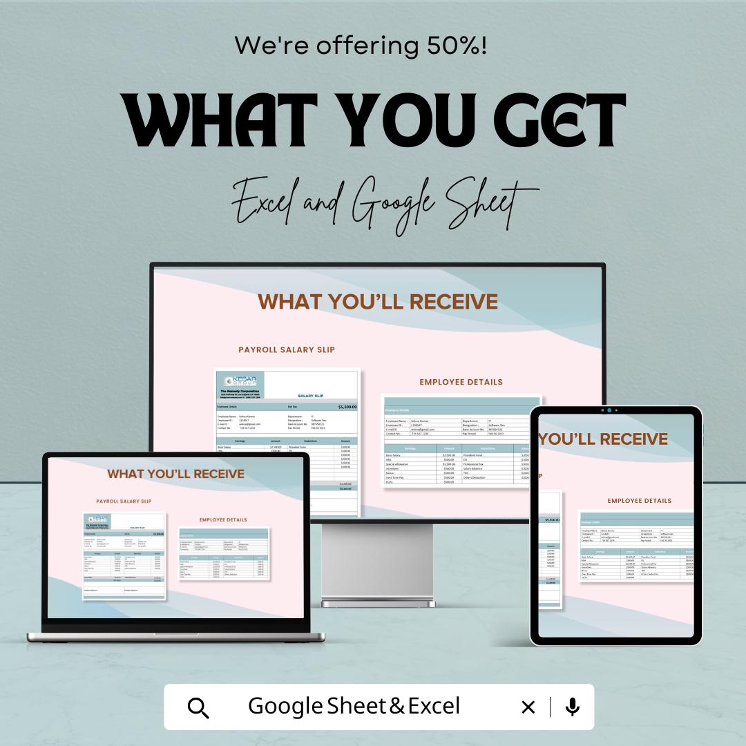 Payroll Salary Slip Sheet Template - Excel & Google Sheets - Employee Payslip Generator - Track Earnings, Deductions, and More