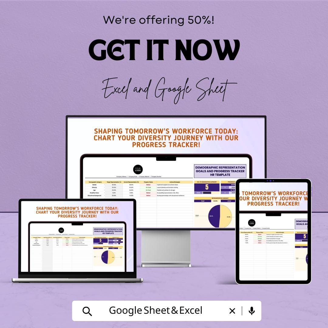 Demographic Representation Goals and Progress Tracker HR Template | Diversity & Inclusion sheet | HR Analytics Dashboard | Workforce Metrics