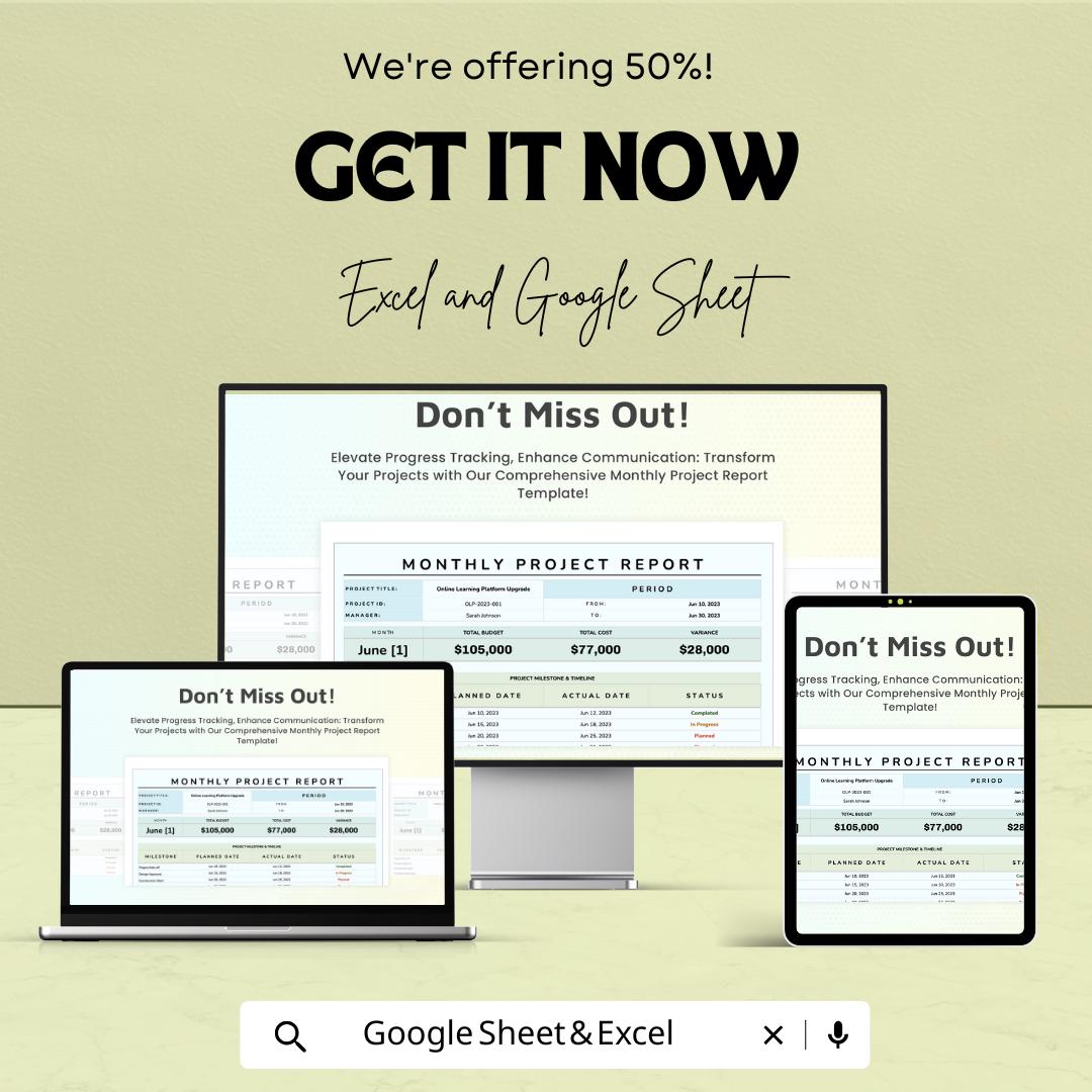 Monthly Project Report Sheet | Excel & Google Sheets Template | Project Tracking, Budgeting, Milestone Monitoring | 50% Off