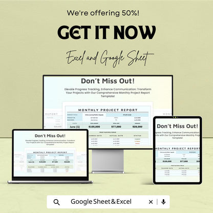 Monthly Project Report Sheet | Excel & Google Sheets Template | Project Tracking, Budgeting, Milestone Monitoring | 50% Off