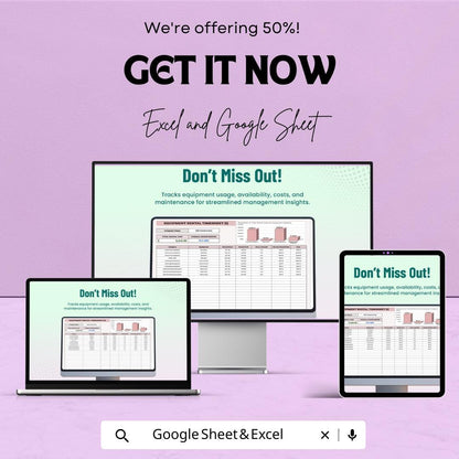Equipment Rental Timesheet | Excel & Google Sheet for Tracking Equipment Usage, Costs, and Maintenance