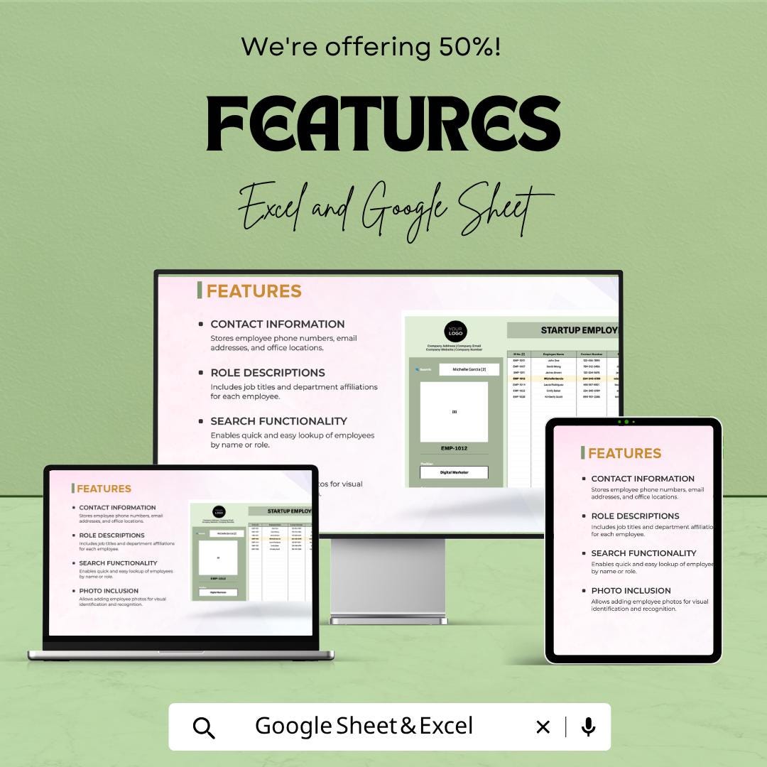 Startup Employee Directory Template | Employee Database Spreadsheet | Staff Directory Tracker | HR Management Template |