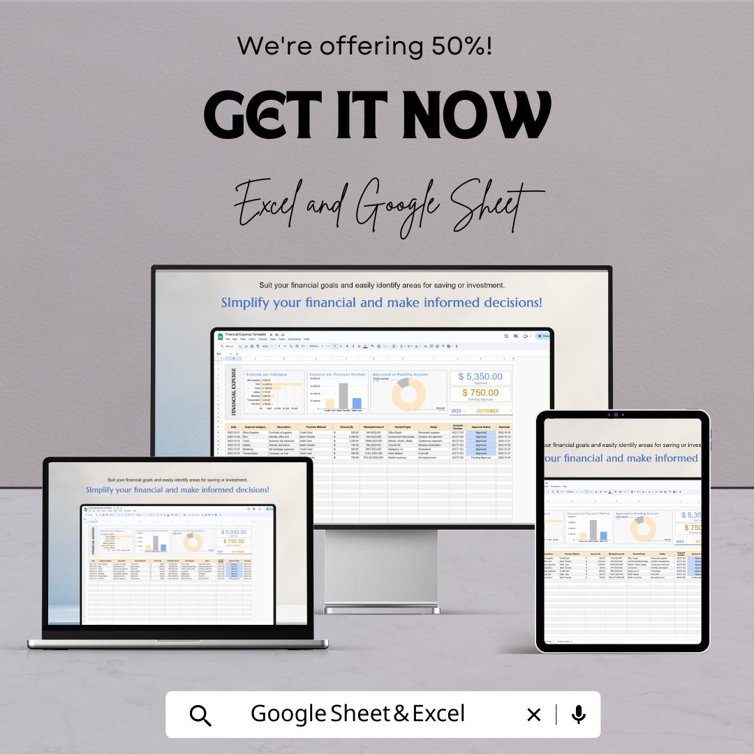 Financial Expense Template | Expense Tracker Spreadsheet | Budget Expense Log | Monthly Spending Tracker
