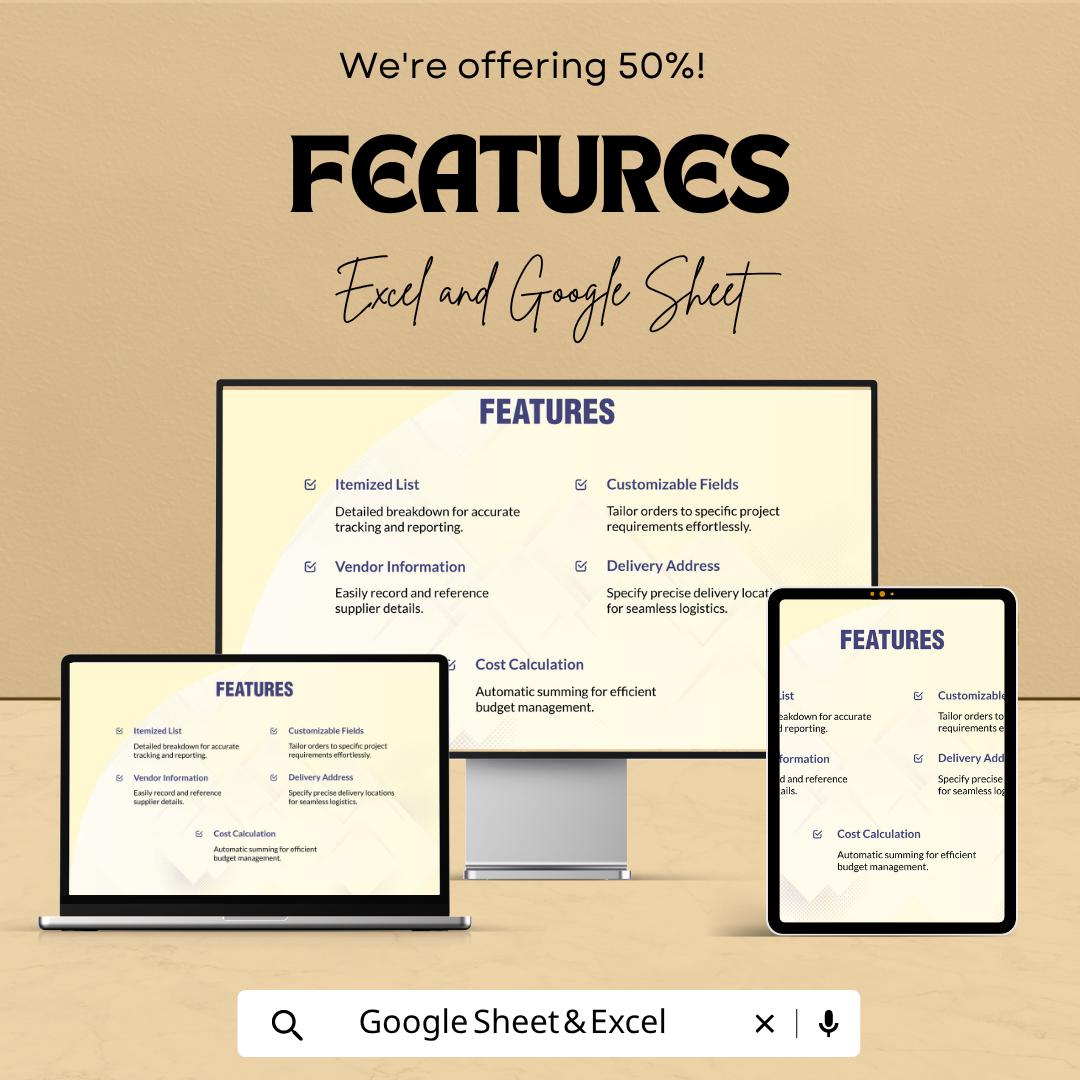 Construction Purchase Order Template Excel Google Sheets | Procurement Spreadsheet | Vendor Order Form | Contractor Purchase Tracker |