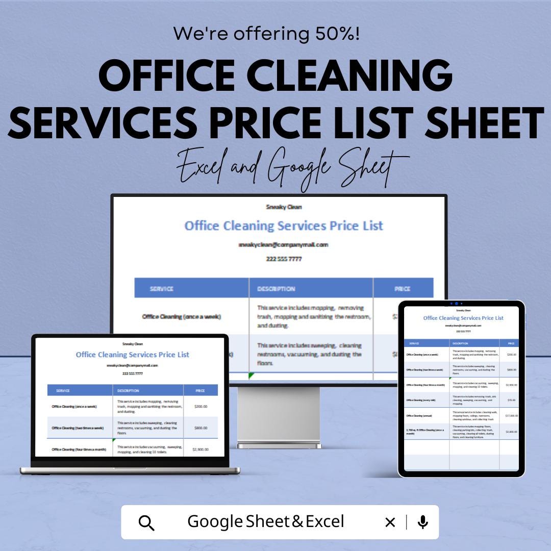 Office Cleaning Services Price List Sheet - Google Sheets Template - Professional Cleaning Service Pricing - Service & Rate Calculator