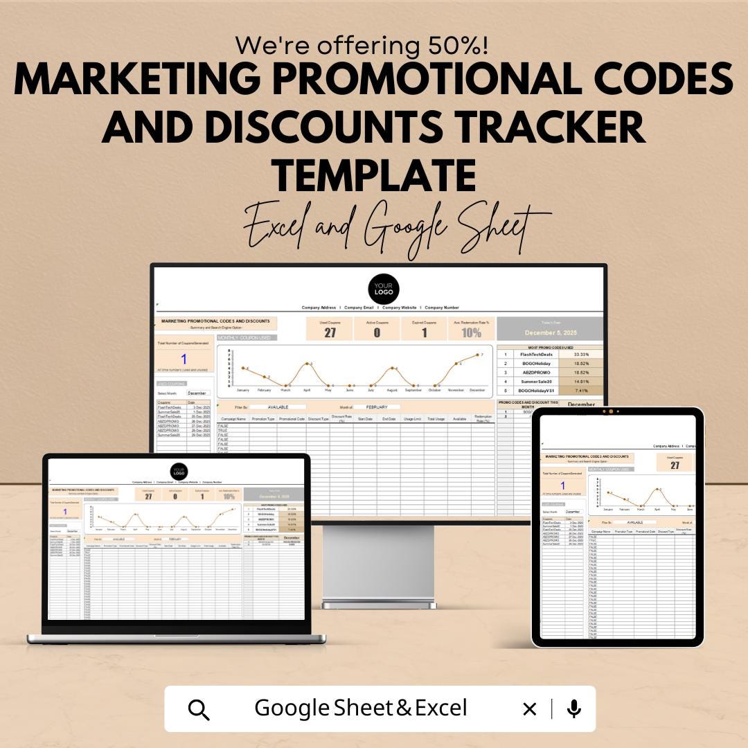 Marketing Promotional Codes and Discounts Tracker Template | Promo Code Usage Log | Marketing Discount Tracker