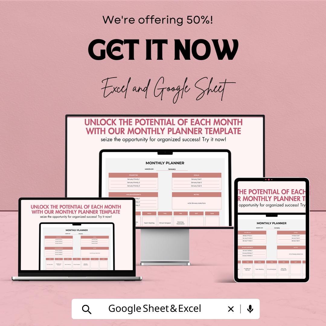 Monthly Planner Template | Editable Excel & Google Sheets Planner | Goal Tracker | Digital Organizer | Productivity and Schedule Template