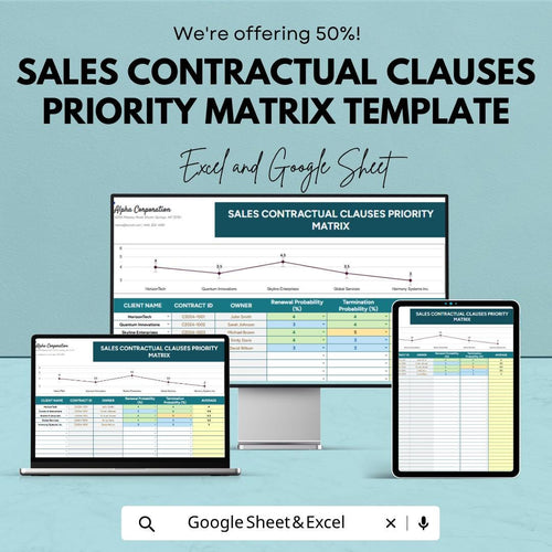 Sales Contract Priority Matrix Template | Contract Clause Tracker Spreadsheet | Deal Risk Analysis Template | Contract Management Tool