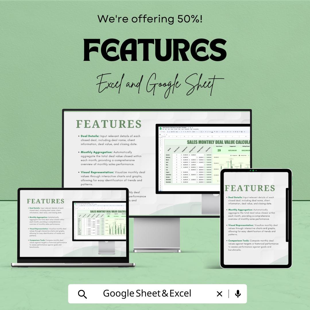 Sales Monthly Deal Value Calculator Template | Sales Performance Tracker | Monthly Deal Value Spreadsheet | Excel and Google Sheets Sales |