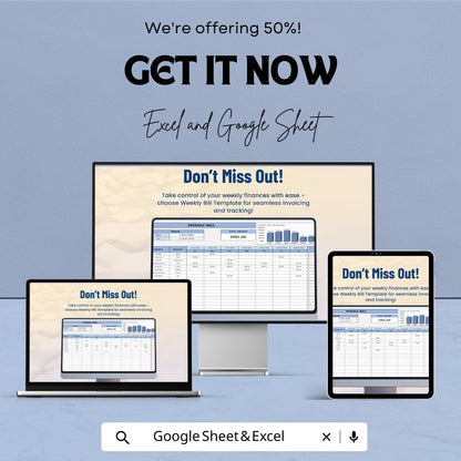 Weekly Bill Template | Bill Tracker Printable | Weekly Expense Tracker Excel & Google Sheets | Budget Planner Template