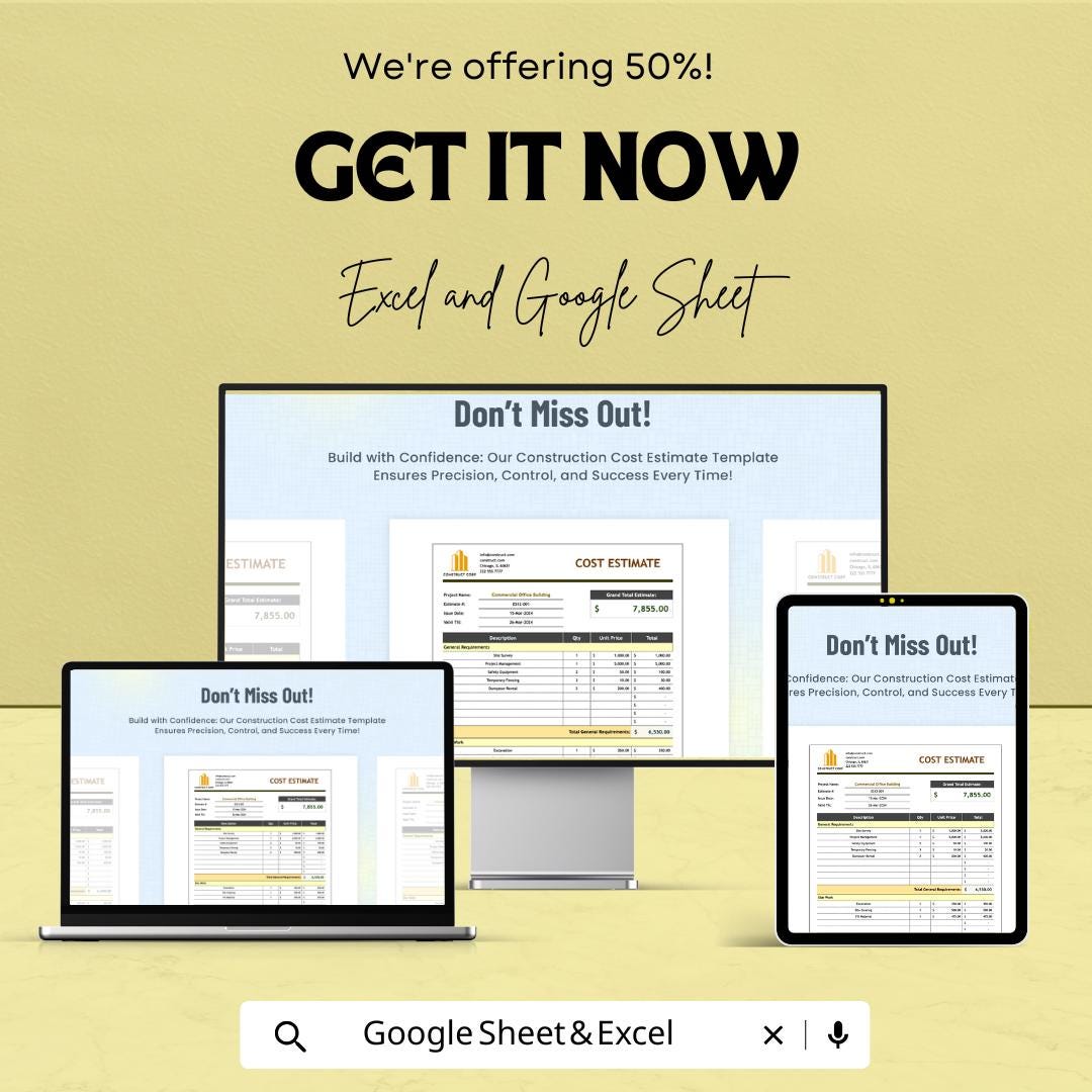 Construction Cost Estimate Template | Excel & Google Sheets | Building Cost Estimator | Contractor Budget Spreadsheet