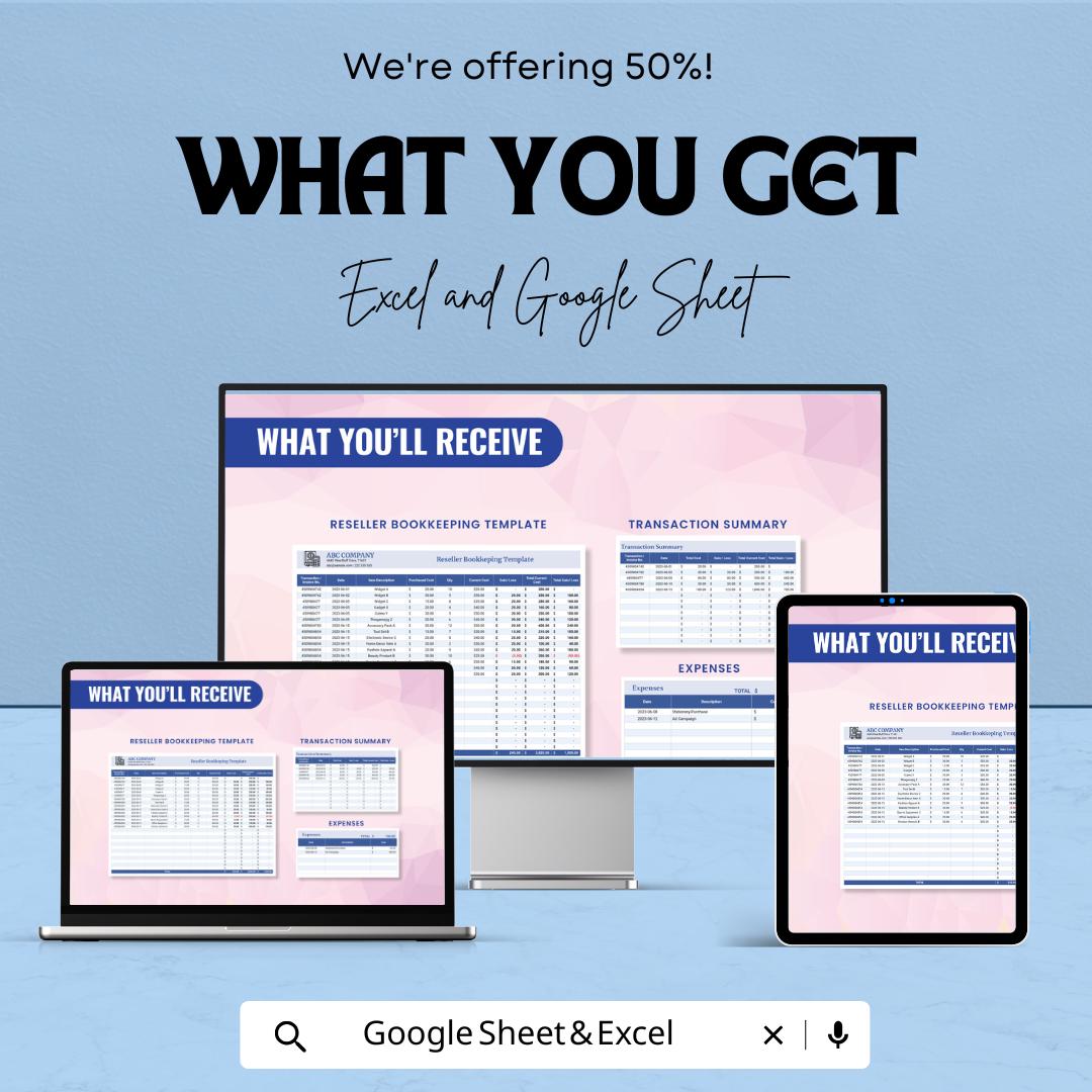 Reseller Bookkeeping Template - Google Sheet , Sales, and Profit Tracking | Accounting Dashboard for Resellers | Inventory Management