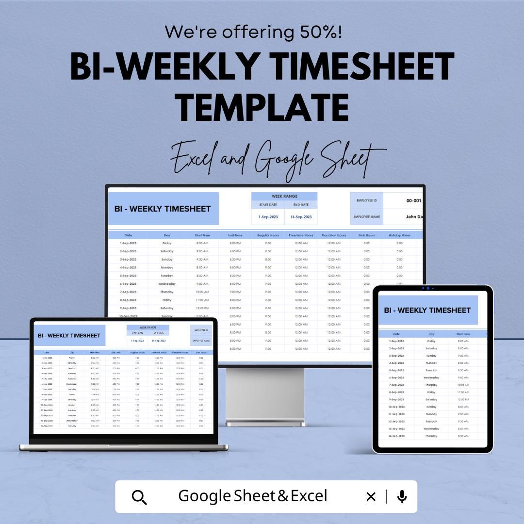 Bi-Weekly Timesheet Template | Employee Time Tracker Spreadsheet | Payroll Hours Log | Excel & Google Sheets Work Schedule Template |