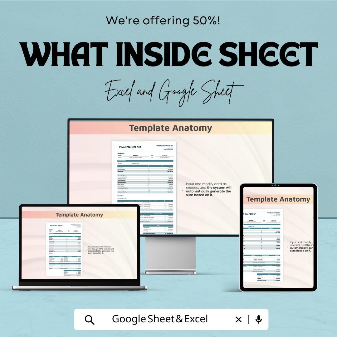 Financial Report Sheet Template | Excel & Google Sheets | Income Statement, Balance Sheet, Cash Flow, Financial Analysis Tool