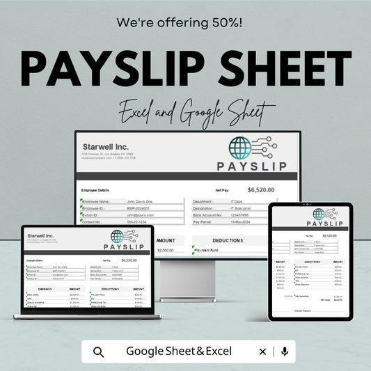 Payslip Template | Editable Salary Slip Google Sheet & Excel | Payroll Statement Generator | Monthly Salary Breakdown Sheet