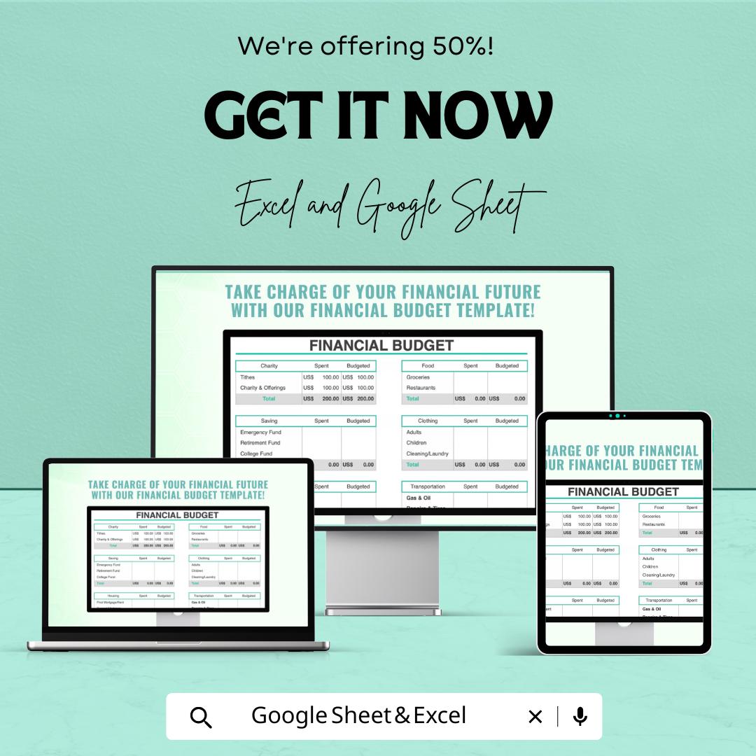 Financial Budget Template | Monthly Budget Planner | Expense Tracker | Excel and Google Sheets Budget Template | Personal Finance Organizer