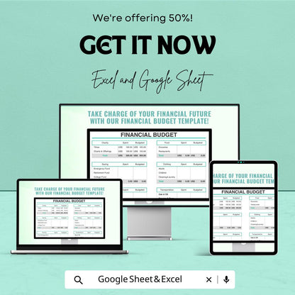 Financial Budget Template | Monthly Budget Planner | Expense Tracker | Excel and Google Sheets Budget Template | Personal Finance Organizer