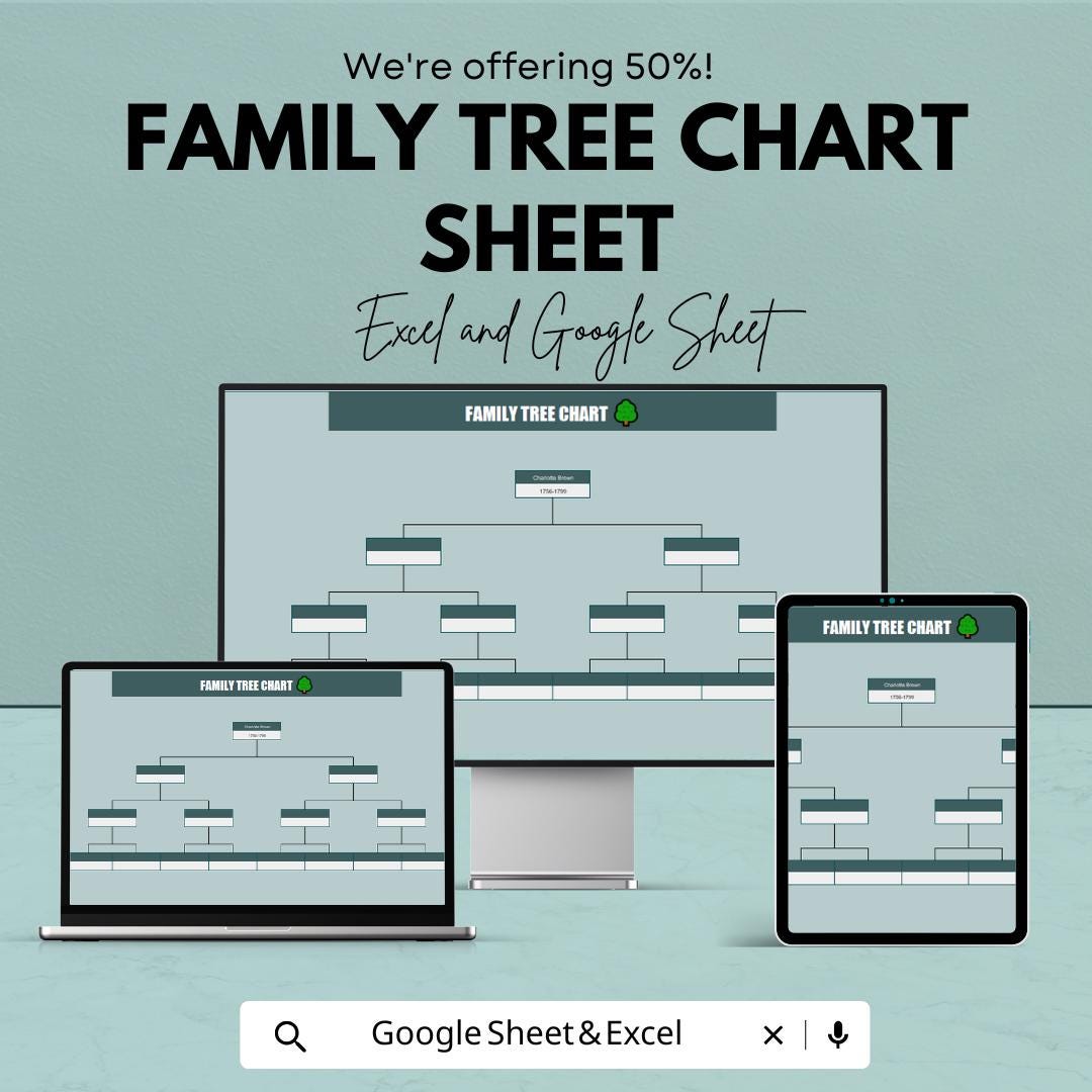 Family Tree Chart Sheet - Excel & Google Sheet Template | Visualize Family Lineage | Genealogy Organizer | Family History Template |