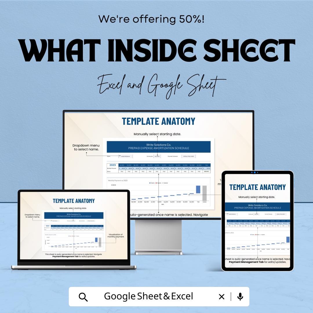 Prepaid Expense Amortization Schedule Sheet - Excel & Google Sheets Template for Organized Financial Tracking