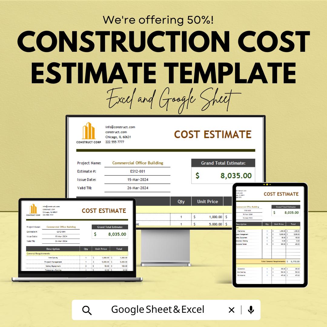 Construction Cost Estimate Template | Excel & Google Sheets | Building Cost Estimator | Contractor Budget Spreadsheet