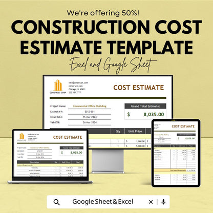 Construction Cost Estimate Template | Excel & Google Sheets | Building Cost Estimator | Contractor Budget Spreadsheet