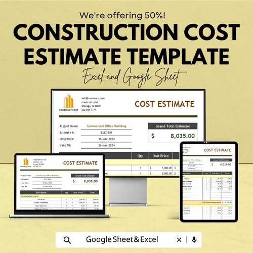 Construction Cost Estimate Template | Excel & Google Sheets | Building Cost Estimator | Contractor Budget Spreadsheet