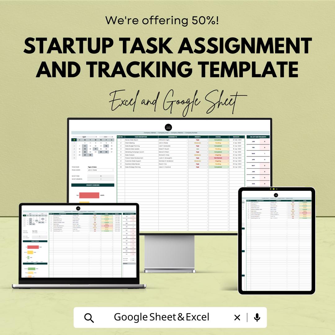 Startup Task Assignment and Tracking Template | Excel & Google Sheets Task Manager | Project Task Tracker Spreadsheet