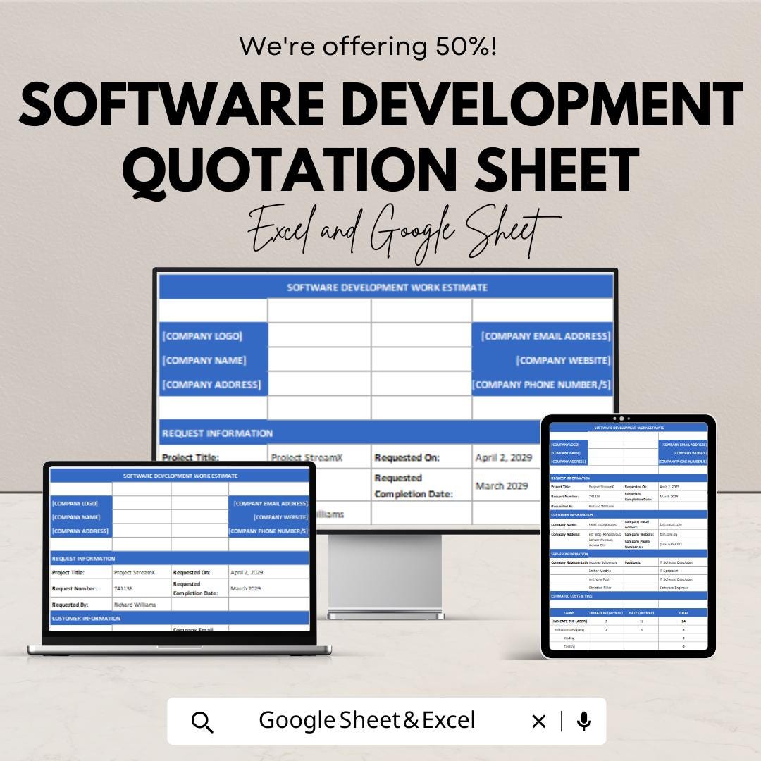 Customizable Software Development Quotation Sheet - Excel & Google Sheet Template for Professional Estimates