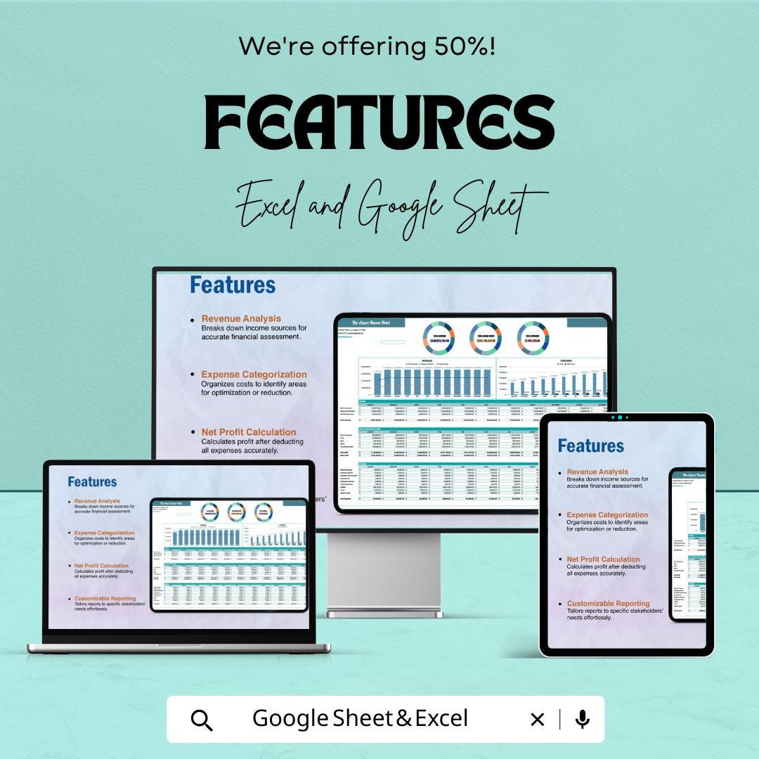 Hotel Profit and Loss Sheet | Excel and Google Sheets Template | Revenue & Expense Tracker | Financial Performance Analysis |
