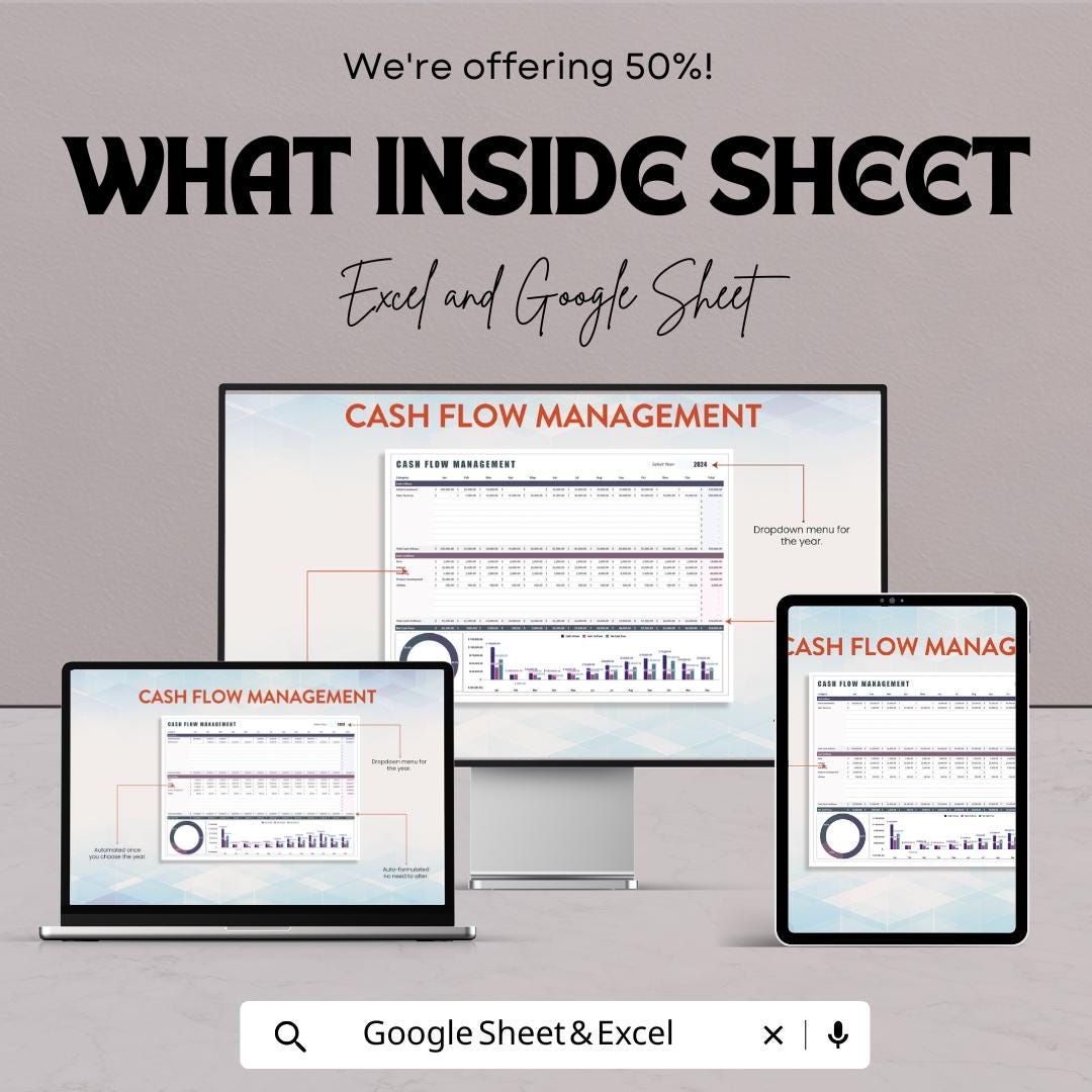 Cash Flow Management Template | Cash Flow Spreadsheet | Business Finance Tracker | Excel & Google Sheets | Cash Inflow Outflow Planner