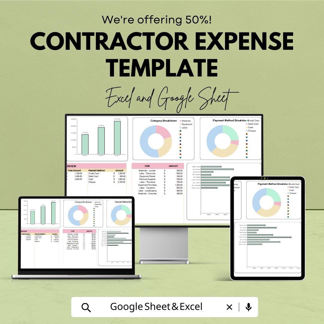 Contractor Expense Template Excel & Google Sheets | Freelance Expense Tracker | Self Employed Budget Spreadsheet | Business Expense Planner