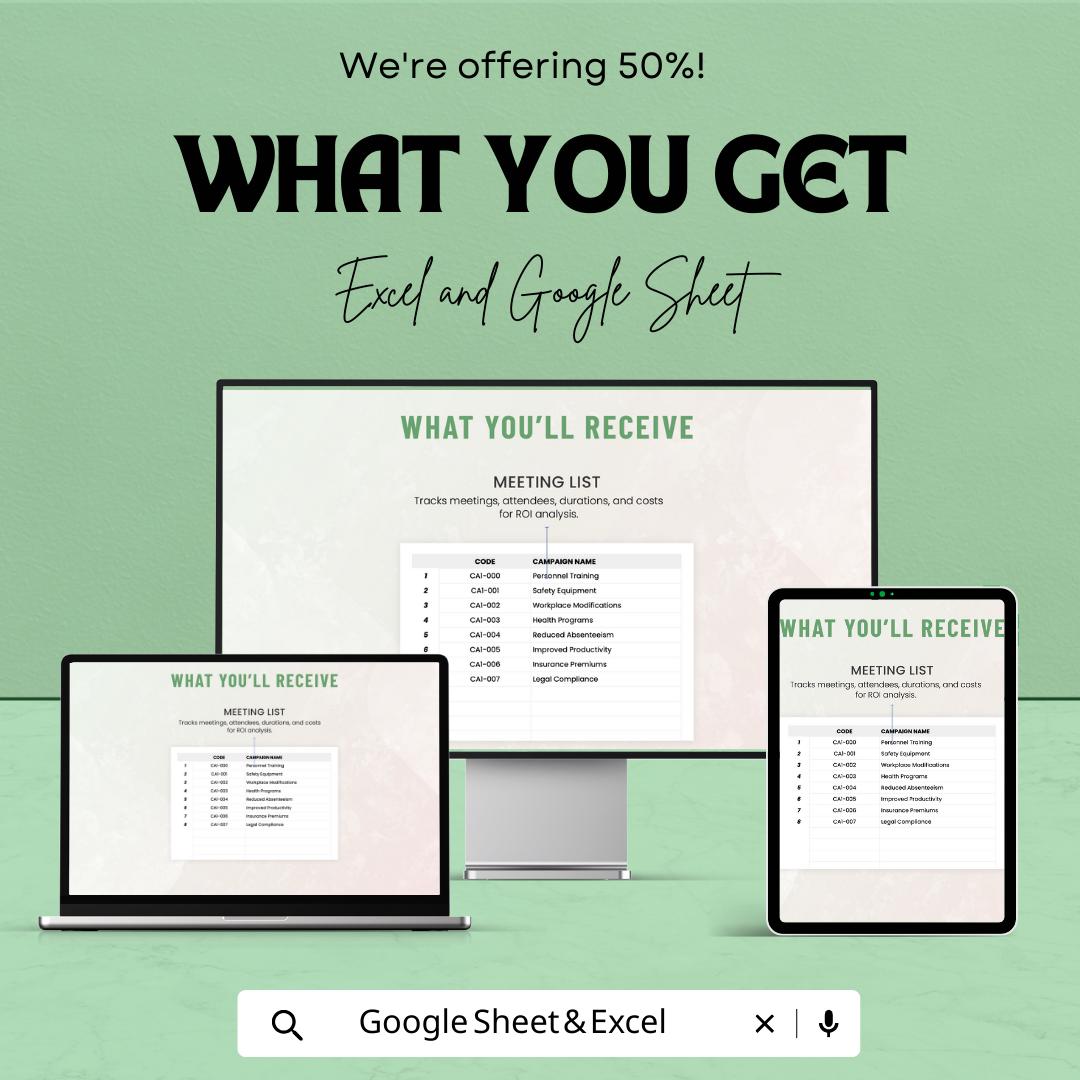Administration Meeting ROI Calculator Template | Meeting Cost Analysis Spreadsheet | ROI Calculator | Productivity Tracking Tool