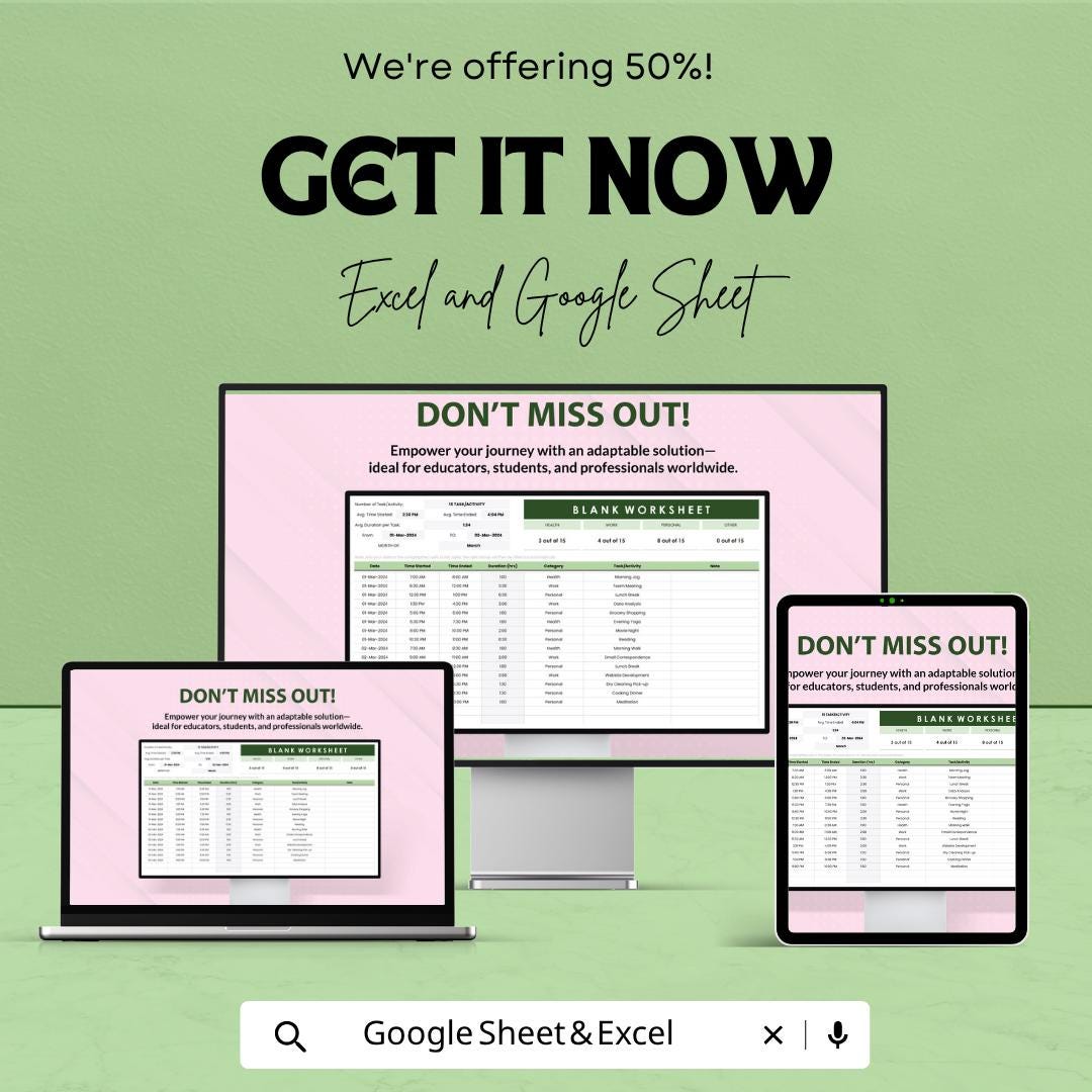 Blank Worksheet Template | Activity Tracker Spreadsheet | Task & Time Tracking Sheet |Google Sheets | Editable Productivity Planner