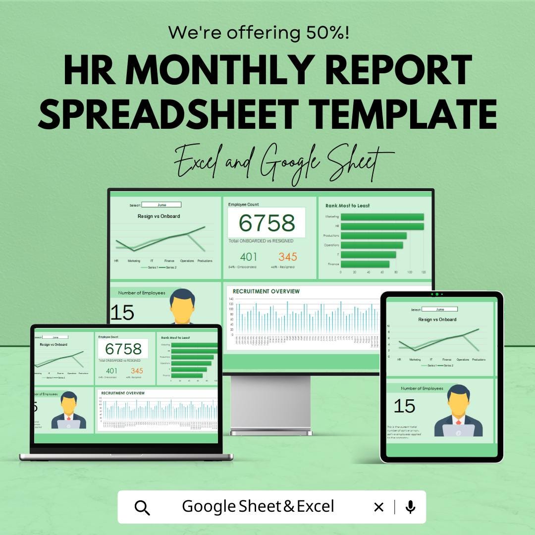 HR Monthly Report Spreadsheet Template | HR Dashboard for Excel and Google Sheets | Employee Tracking, Recruitment & HR Analytics