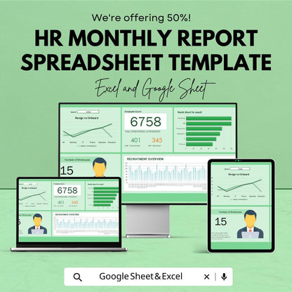 HR Monthly Report Spreadsheet Template | HR Dashboard for Excel and Google Sheets | Employee Tracking, Recruitment & HR Analytics