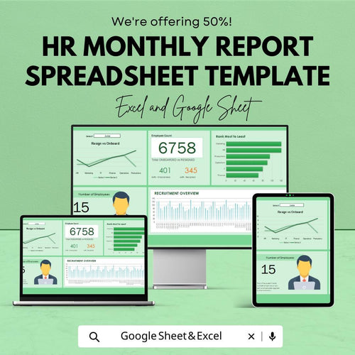 HR Monthly Report Spreadsheet Template | HR Dashboard for Excel and Google Sheets | Employee Tracking, Recruitment & HR Analytics
