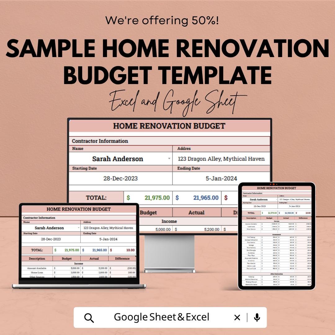 Sample Home Renovation Budget Template | Home Remodel Budget Spreadsheet | Renovation Cost Planner | Excel & Google Sheets