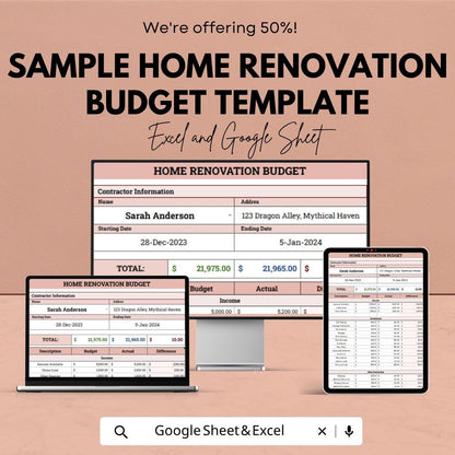 Sample Home Renovation Budget Template | Home Remodel Budget Spreadsheet | Renovation Cost Planner | Excel & Google Sheets